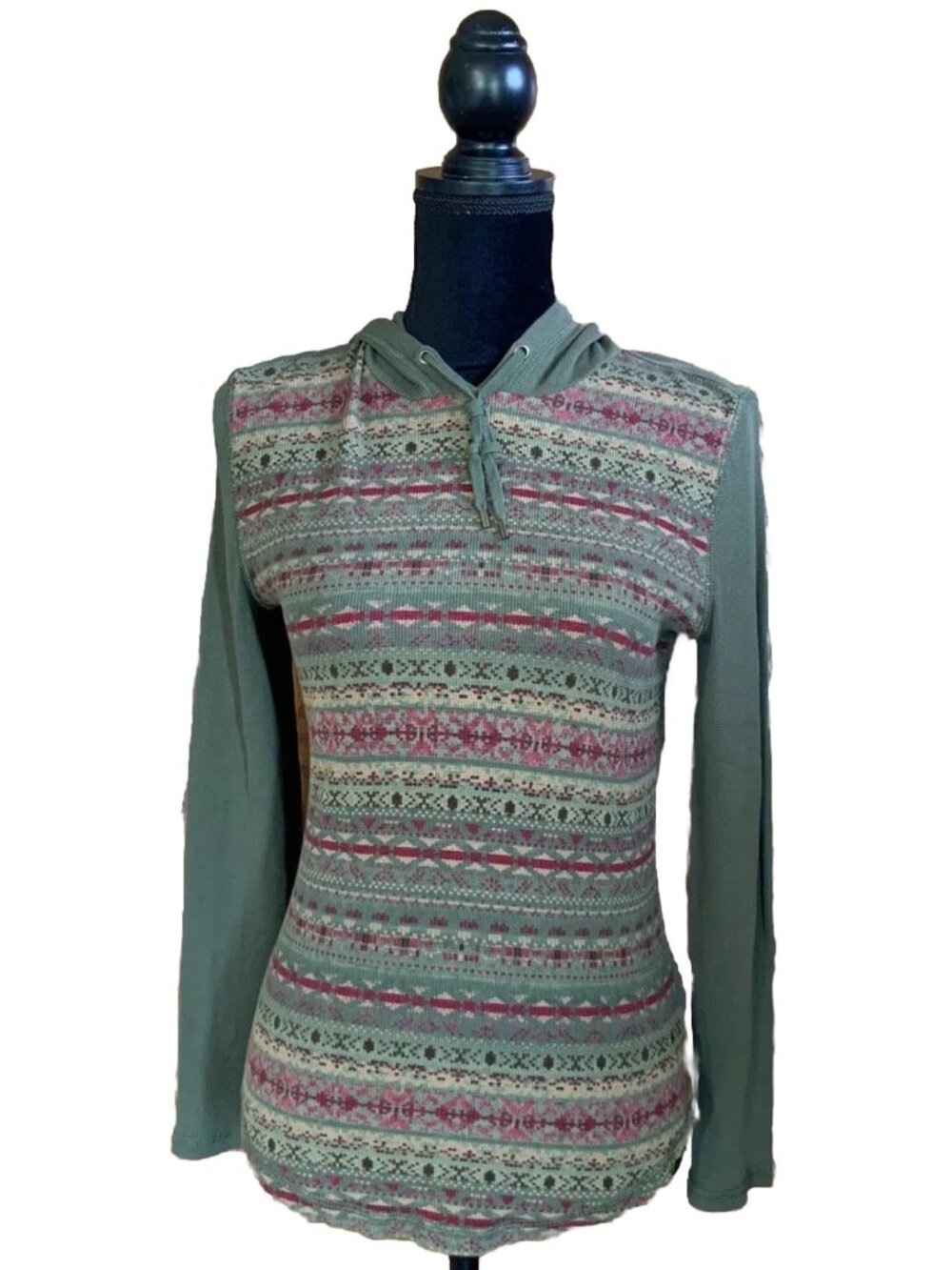 Chaps Womens Shirt Size Small Olive Green Tan Red Pullover Hooded Long Sleeve